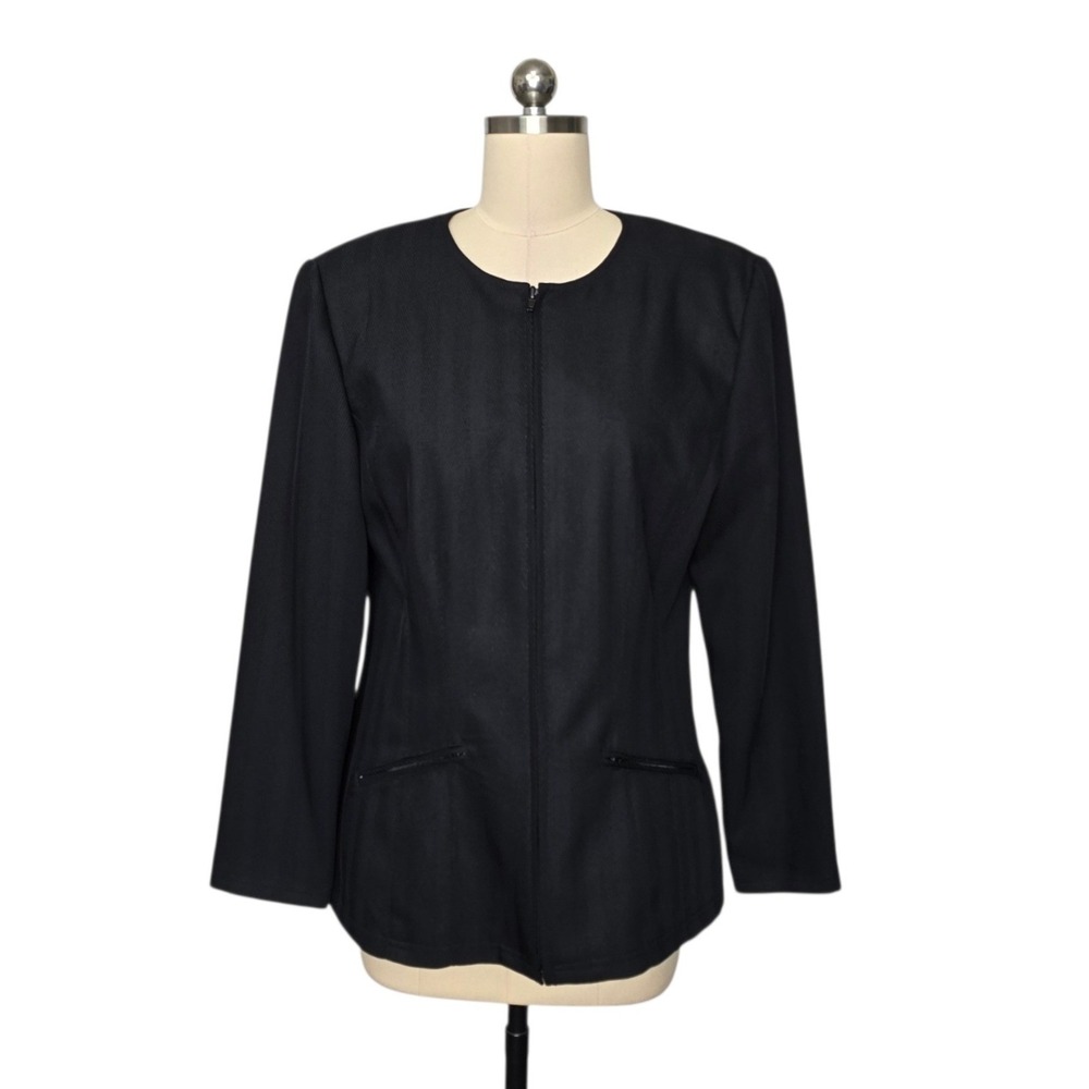 Halston‎ Womens Black Herringbone Zip Front Collarless Blazer Jacket Size Small
